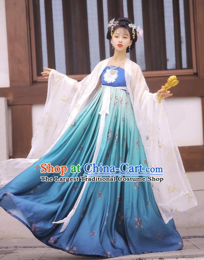 Chinese Tang Dynasty Princess Cloak and Blue Dress Traditional Hanfu Garment Ancient Court Women Historical Costumes Full Set