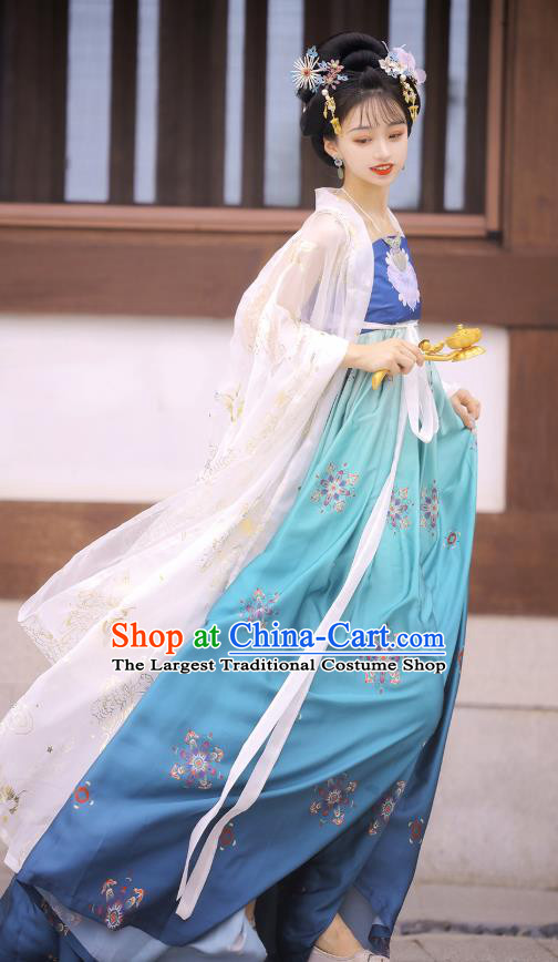 Chinese Tang Dynasty Princess Cloak and Blue Dress Traditional Hanfu Garment Ancient Court Women Historical Costumes Full Set