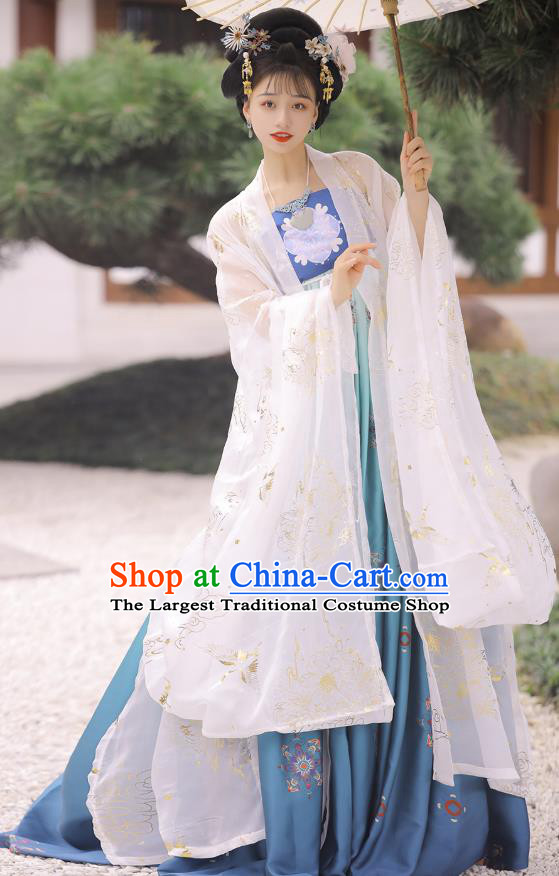 Chinese Tang Dynasty Princess Cloak and Blue Dress Traditional Hanfu Garment Ancient Court Women Historical Costumes Full Set