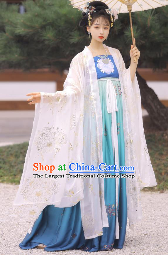 Chinese Tang Dynasty Princess Cloak and Blue Dress Traditional Hanfu Garment Ancient Court Women Historical Costumes Full Set