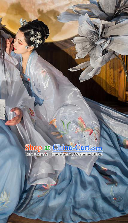 Chinese Traditional Tang Dynasty Court Woman Hanfu Garment Ancient Princess Historical Costumes White Cloak Blouse and Blue Dress Full Set