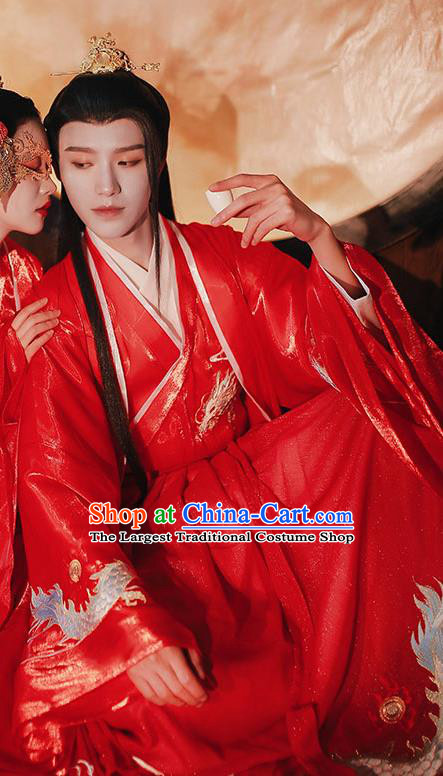 Chinese Traditional Ming Dynasty Prince Hanfu Garment Ancient Wedding Historical Costumes Red Cloak Shirt and Skirt Full Set