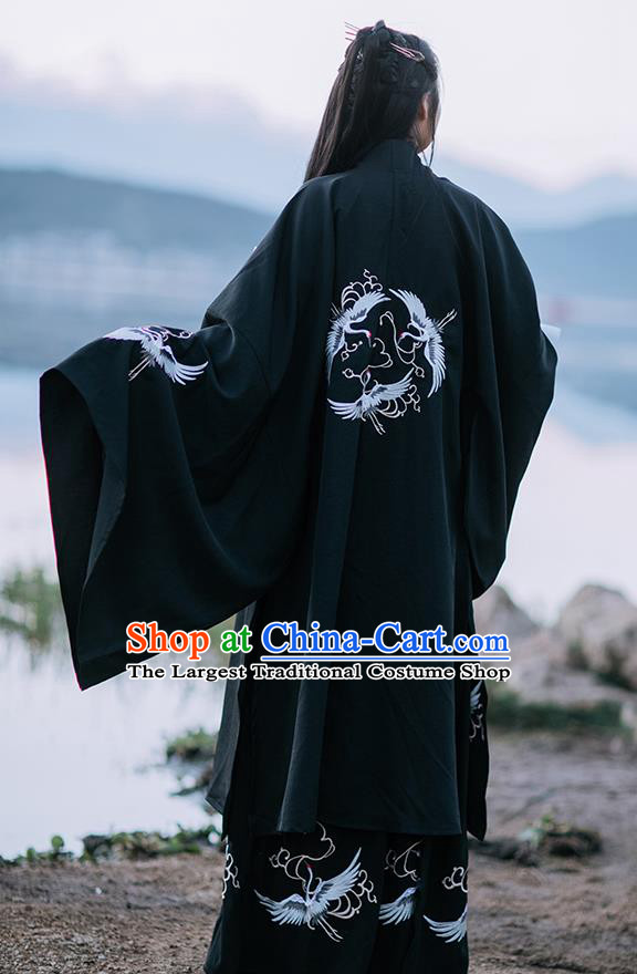 Chinese Traditional Han Dynasty Childe Hanfu Garment Ancient Swordsman Costumes Black Cloak Shirt and Skirt for Men