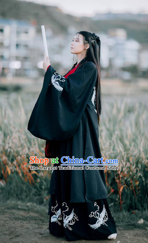 Chinese Traditional Han Dynasty Childe Hanfu Garment Ancient Swordsman Costumes Black Cloak Shirt and Skirt for Men