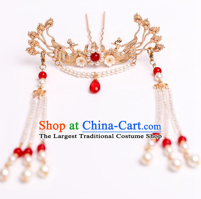 Chinese Classical Wedding Golden Phoenix Hair Crown Traditional Bride Hair Accessories Handmade Hanfu Pearls Tassel Hairpins