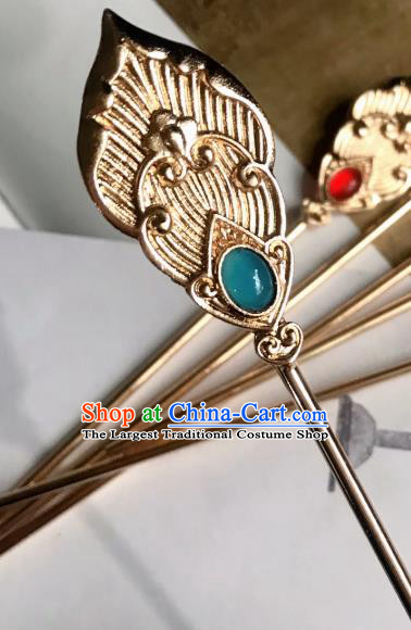 Handmade Chinese Tang Dynasty Blue Glass Hair Clip Traditional Hair Accessories Ancient Court Golden Hairpins for Women