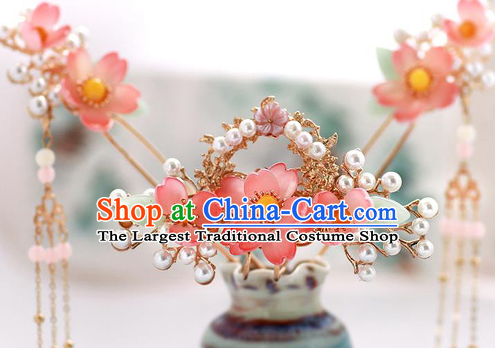Chinese Classical Wedding Red Lotus Hair Crown Traditional Bride Hair Accessories Handmade Hanfu Tassel Hairpins Full Set