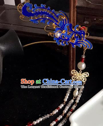 Handmade Chinese Ming Dynasty Beads Tassel Hair Clip Traditional Hair Accessories Ancient Court Blueing Phoenix Hairpins for Women