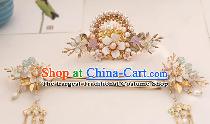 Chinese Classical Wedding Pearls Hair Crown Traditional Bride Hair Accessories Handmade Hanfu Tassel Hairpins and Hair Comb Full Set