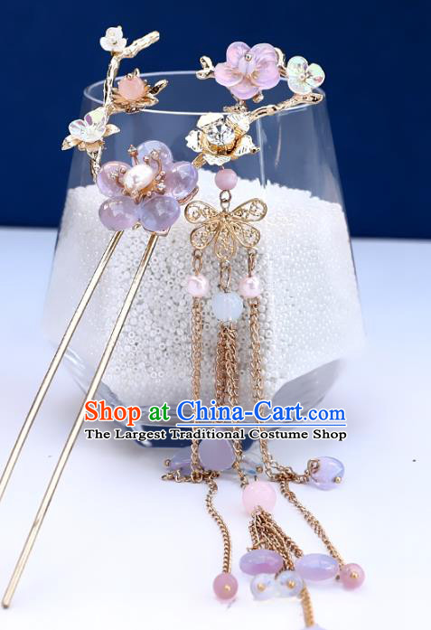 Handmade Chinese Classical Lilac Plum Hairpins Traditional Hair Accessories Ancient Hanfu Court Tassel Hair Clip for Women