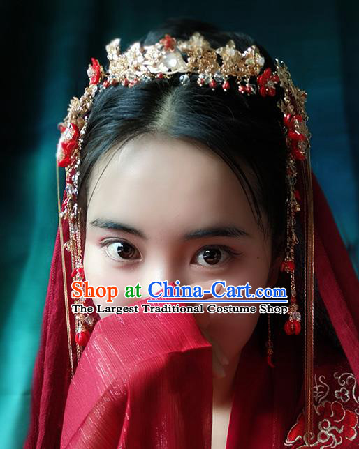 Chinese Classical Wedding Red Beads Tassel Hair Crown Traditional Bride Hair Accessories Handmade Hanfu Golden Cloud Hairpins