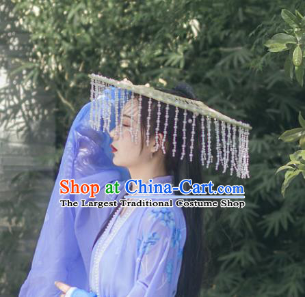 Chinese Traditional Ancient Hanfu Tassel Hat Headwear Handmade Ming Dynasty Female Swordsman Bamboo Hat for Women