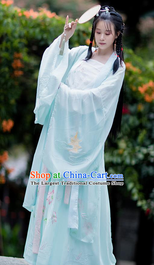 Chinese Traditional Song Dynasty Hanfu Garment Ancient Village Girl Costumes Blue Cloak Blouse Strapless and Skirt Full Set
