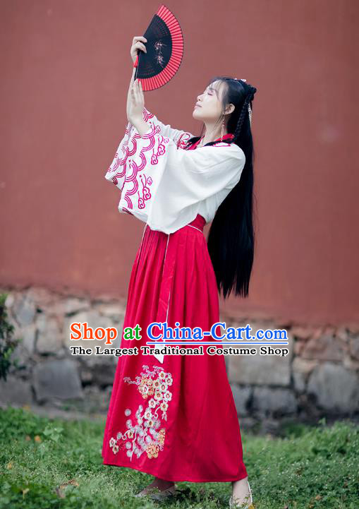 Chinese Ancient Tang Dynasty Village Girl Hanfu Garment Costumes Traditional White Blouse Strapless and Red Skirt Full Set