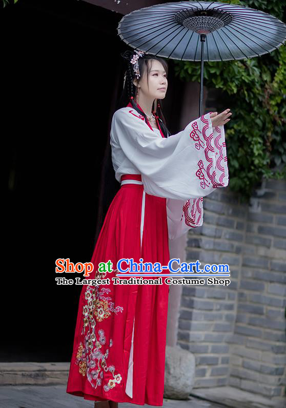 Chinese Ancient Tang Dynasty Village Girl Hanfu Garment Costumes Traditional White Blouse Strapless and Red Skirt Full Set