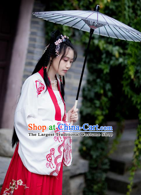 Chinese Ancient Tang Dynasty Village Girl Hanfu Garment Costumes Traditional White Blouse Strapless and Red Skirt Full Set