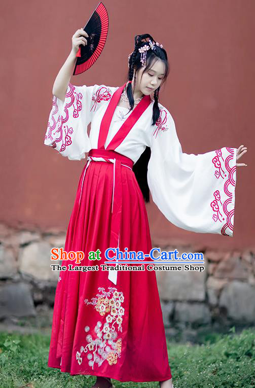 Chinese Ancient Tang Dynasty Village Girl Hanfu Garment Costumes Traditional White Blouse Strapless and Red Skirt Full Set