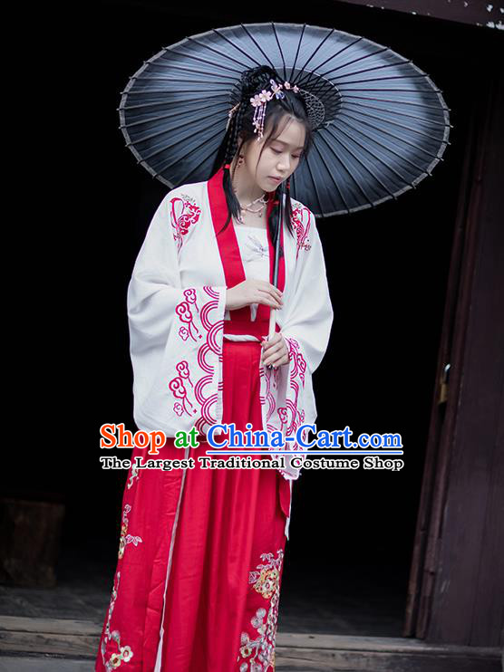 Chinese Ancient Tang Dynasty Village Girl Hanfu Garment Costumes Traditional White Blouse Strapless and Red Skirt Full Set