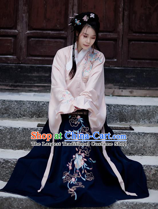 Chinese Ancient Ming Dynasty Hanfu Garment Costumes Traditional Embroidered Pink Blouse and Navy Skirt for Rich Lady