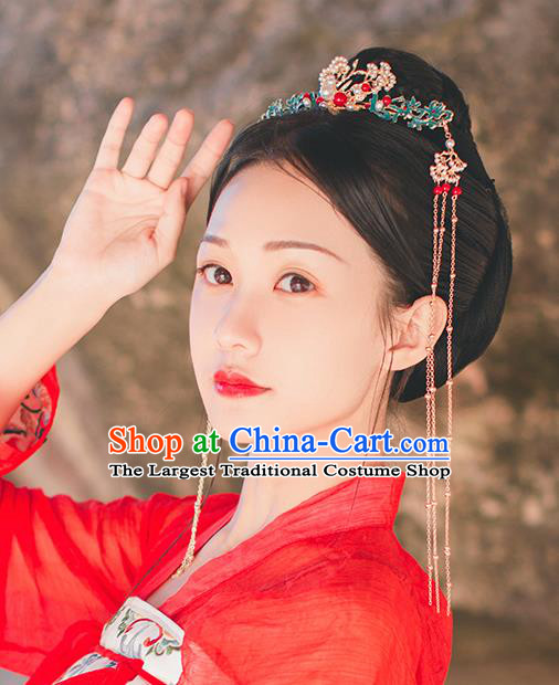 Chinese Classical Golden Tassel Hair Crown Hairpins Handmade Traditional Court Hair Accessories Pine Phoenix Coronet