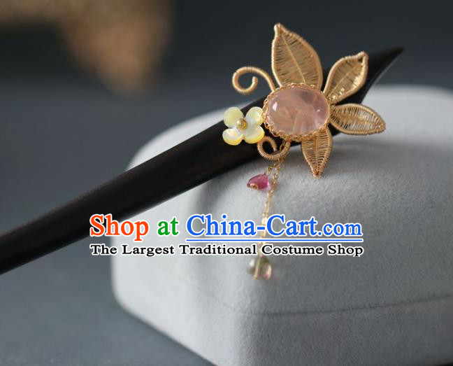 Handmade Chinese Cheongsam Pink Chalcedony Hair Clip Traditional Hanfu Hair Accessories Ebony Hairpins for Women
