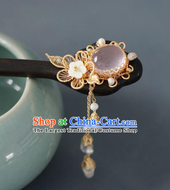 Handmade Chinese Cheongsam Silk Flower Hair Clip Traditional Hanfu Hair Accessories Pink Chalcedony Ebony Hairpins for Women