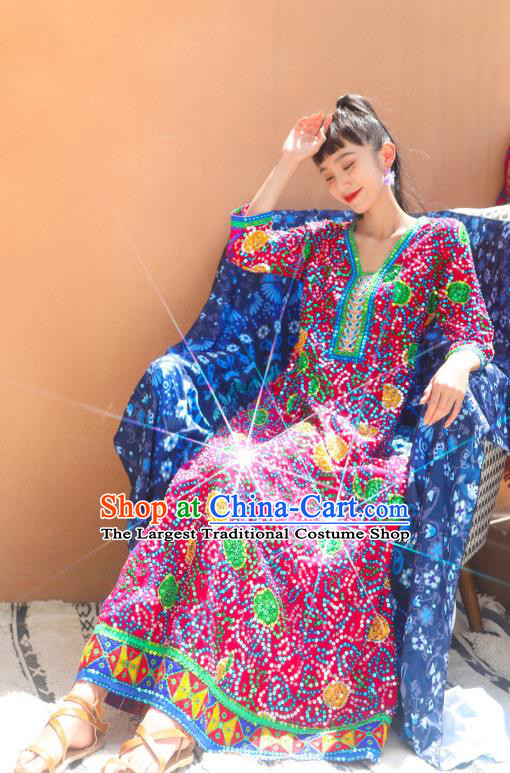 Thailand Traditional Sequins Magenta Dress Asian Thai National Beach Dress Photography Costumes for Women