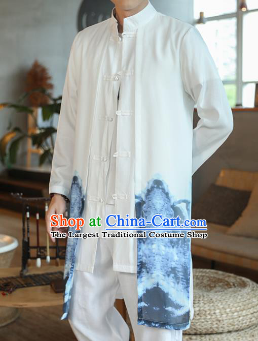 Chinese Traditional Ink Painting Blue Landscape Chiffon Dust Coat Tang Suit Overcoat Costumes Outer Garment for Men