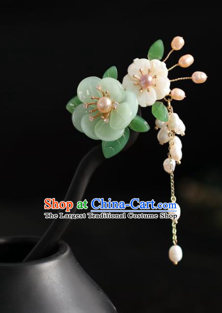 Chinese Cheongsam Pearls Tassel Hair Clip Traditional Hanfu Hair Accessories Handmade Ebony Green Peach Blossom Hairpins for Women