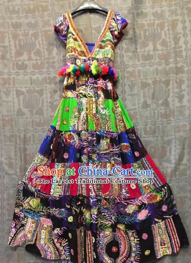 Thailand Traditional Handmade Colorful Sequins Dress Photography Asian Thai National Embroidered Peacock Beach Costumes for Women