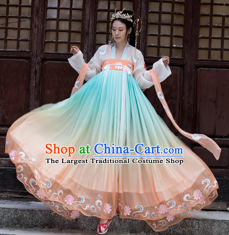 Traditional Chinese Tang Dynasty Court Lady Costumes Hanfu Garment Ancient Princess Embroidered Cloak Blouse and Dress Complete Set