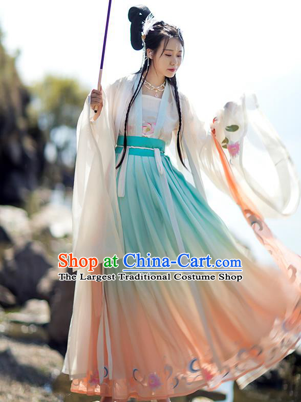 Chinese Tang Dynasty Princess Costumes Traditional Hanfu Garment Ancient Princess Embroidered Cloak Blouse and Skirt Full Set