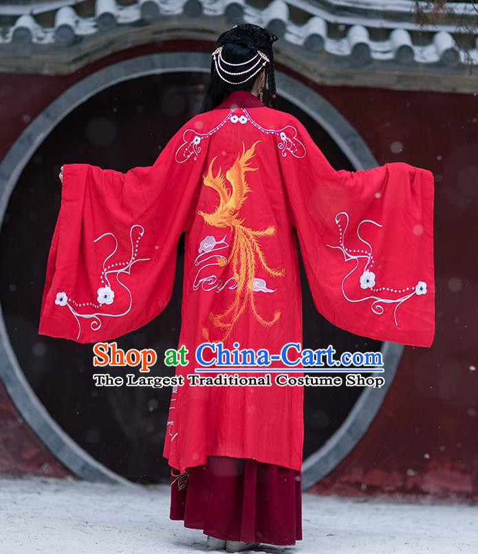 Chinese Ming Dynasty Female Swordsman Costumes Traditional Hanfu Garment Ancient Young Lady Embroidered Red Cloak Blouse and Skirt Full Set