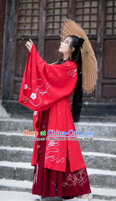 Chinese Ming Dynasty Female Swordsman Costumes Traditional Hanfu Garment Ancient Young Lady Embroidered Red Cloak Blouse and Skirt Full Set
