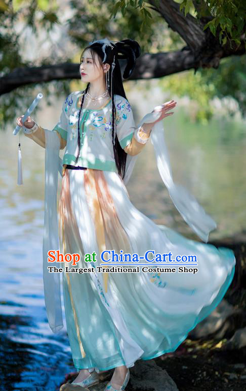 Chinese Tang Dynasty Palace Lady Costumes Traditional Hanfu Ancient Goddess Embroidered Half Sleeved Garment Blouse and Skirt Full Set