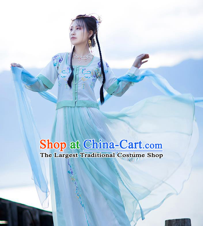 Chinese Tang Dynasty Palace Lady Costumes Traditional Hanfu Ancient Goddess Embroidered Half Sleeved Garment Blouse and Skirt Full Set