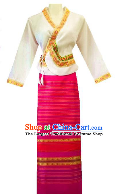 Chinese Dai Nationality Costumes Traditional Dai Ethnic Work White Blouse and Rosy Skirt for Women