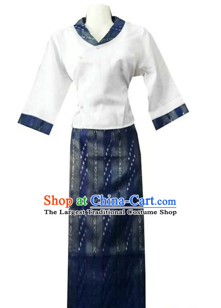 Chinese Dai Nationality Costumes Traditional Dai Ethnic Work White Blouse and Navy Skirt Outfits for Women