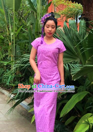 Chinese Dai Nationality Dance Costumes Traditional Dai Ethnic Lilac Blouse and Straight Skirt Full Set for Women