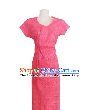 Chinese Dai Nationality Dance Costumes Traditional Dai Ethnic Watermelon Red Blouse and Straight Skirt Full Set for Women