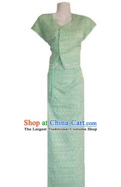Chinese Dai Nationality Dance Costumes Traditional Dai Ethnic Green Blouse and Straight Skirt Full Set for Women
