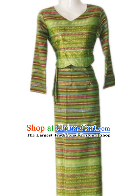 Chinese Dai Nationality Folk Dance Costumes Traditional Dai Ethnic Stage Show Green Blouse and Straight Skirt for Women