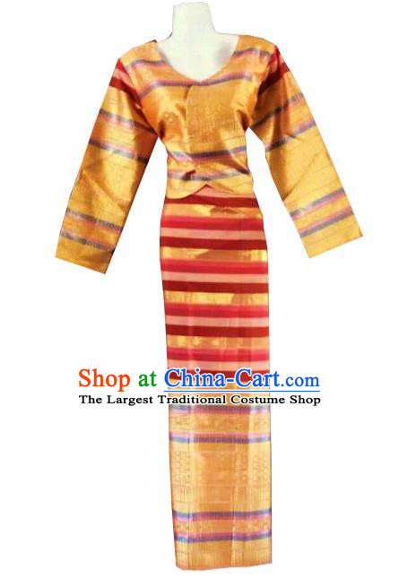 Chinese Dai Nationality Folk Dance Costumes Traditional Dai Ethnic Stage Show Golden Blouse and Straight Skirt for Women