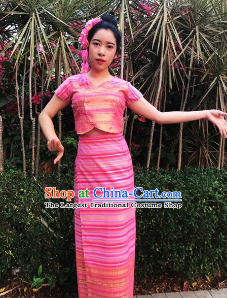 Chinese Dai Nationality Folk Dance Costumes Traditional Dai Ethnic Stage Show Rosy Blouse and Straight Skirt Complete Set