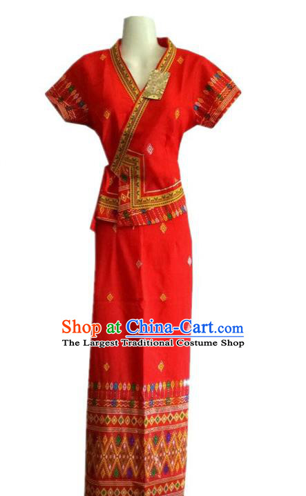 Chinese Dai Nationality Stage Show Red Outfit Costumes Traditional Dai Ethnic Folk Dance Blouse and Straight Skirt Complete Set