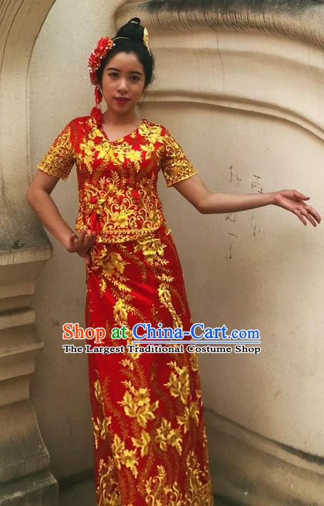 Chinese Dai Nationality Embroidered Outfit Costumes Traditional Dai Ethnic Folk Dance Red Blouse and Straight Skirt Full Set