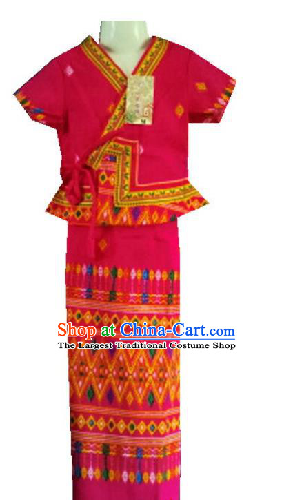 Chinese Dai Nationality Girl Dress Costumes Traditional Dai Ethnic Children Red Blouse and Straight Skirt for Kids