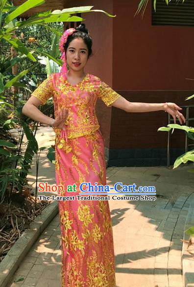 Chinese Dai Nationality Embroidered Outfit Costumes Traditional Dai Ethnic Folk Dance Pink Blouse and Straight Skirt Full Set