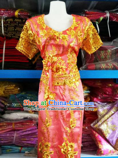 Chinese Dai Nationality Embroidered Outfit Costumes Traditional Dai Ethnic Folk Dance Pink Blouse and Straight Skirt Full Set