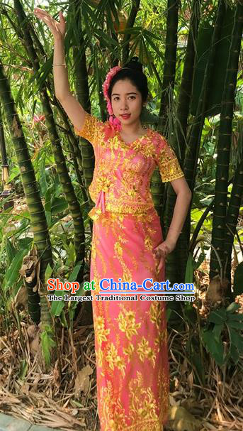 Chinese Dai Nationality Embroidered Outfit Costumes Traditional Dai Ethnic Folk Dance Pink Blouse and Straight Skirt Full Set